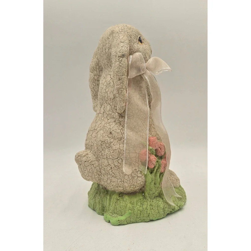Vintage Style Crackle Finish Easter Bunny Rabbit Figurine with Ribbon